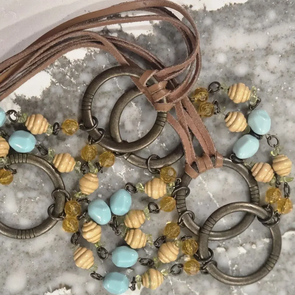 Boho Beaded Chain Belt Leather Fringe Turquoise Wood Beads Antique Gold Western
